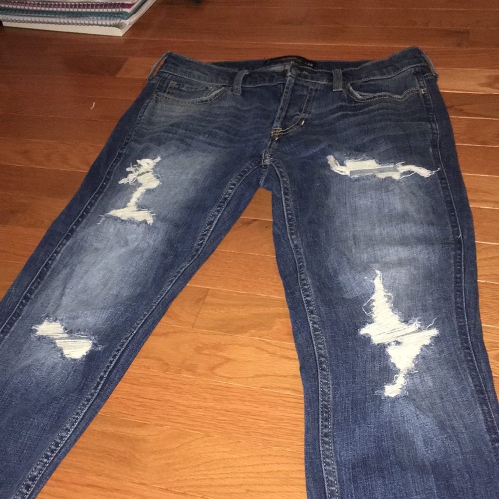 Dark Blue Washed, Ripped Boyfriend Jeans (Women's)